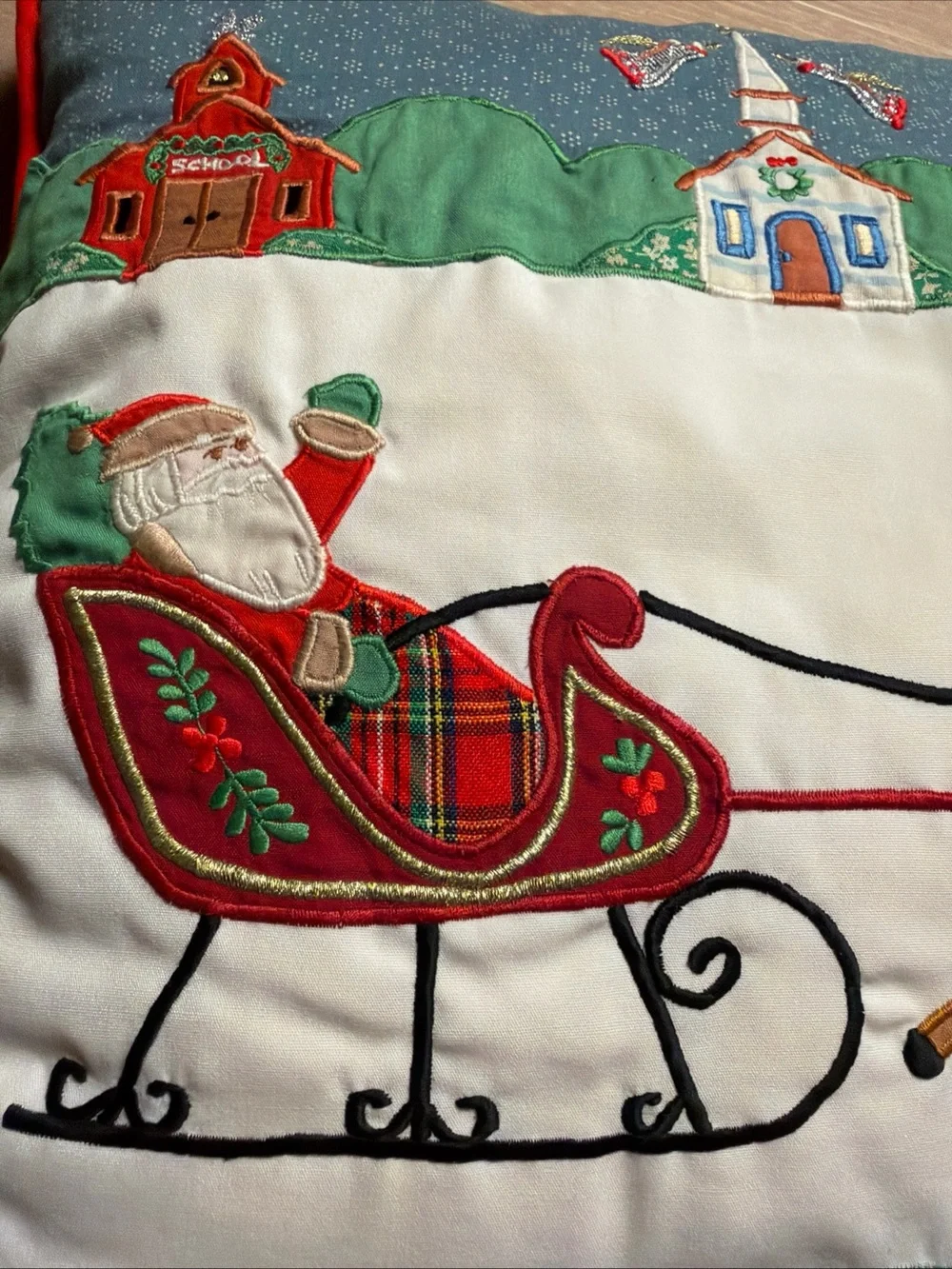 Vintage House Of Hatten Christmas Santa Appliqué Throw Pillow Sleigh Reindeer 90